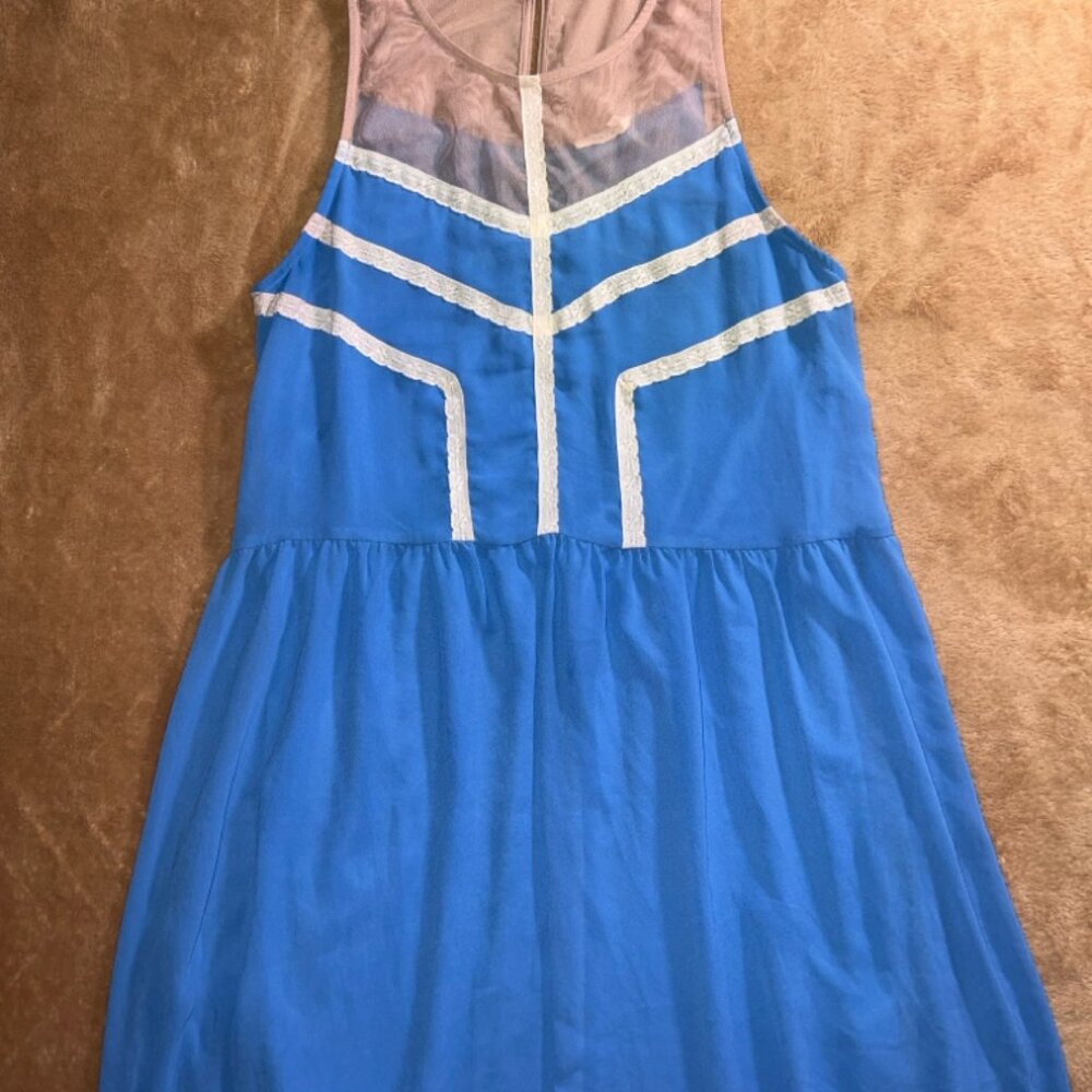 Lush Women Small Blue Cream Mesh Sleeveless Fit Flare Knee Length Summer Dress‎